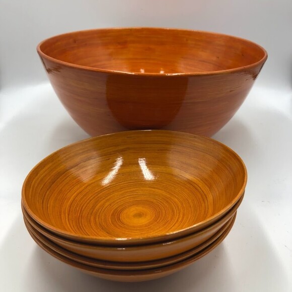 Vintage MCM Salad Bowl Set Orange Swirl Dinnerware 5 Pieces Collectible - Picture 4 of 11